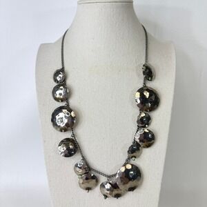 Hammered Silver Tone‎ Statement Necklace Chunky Disc Beads Green Accents